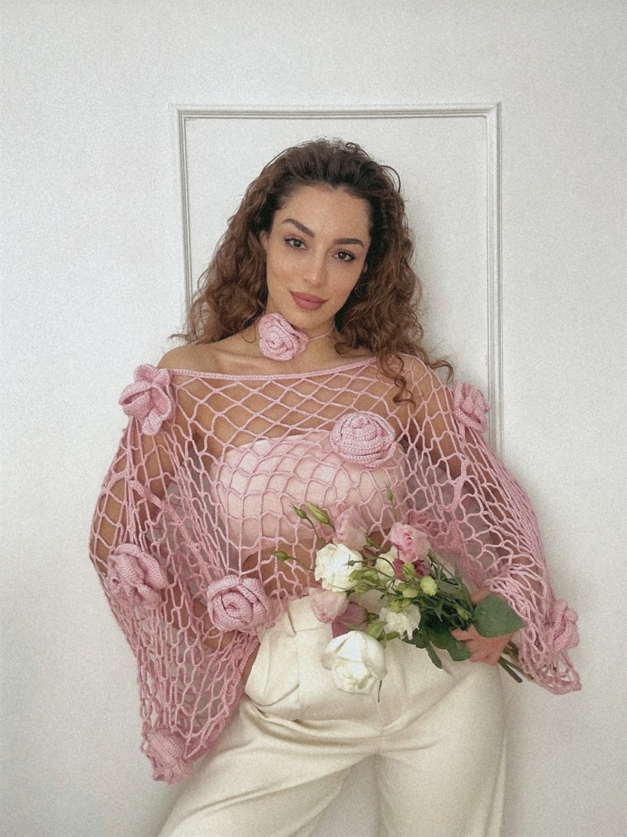 French Rose Tığ İşi Üst + Boyun Aksesuarı Takımı