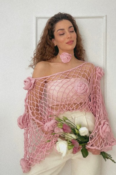 French Rose Tığ İşi Üst + Boyun Aksesuarı Takımı