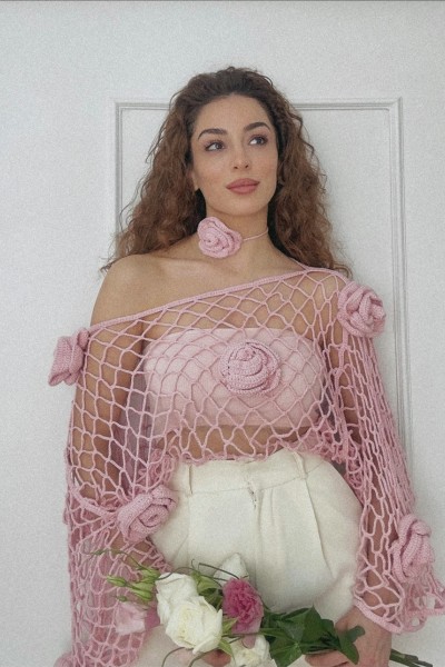French Rose Tığ İşi Üst + Boyun Aksesuarı Takımı