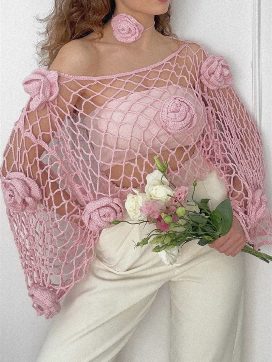 French Rose Tığ İşi Üst + Boyun Aksesuarı Takımı