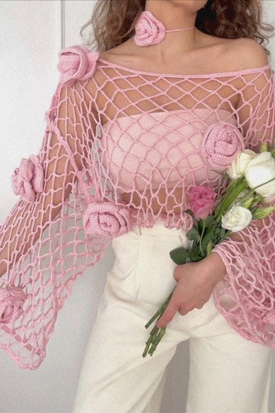 French Rose Tığ İşi Üst + Boyun Aksesuarı Takımı