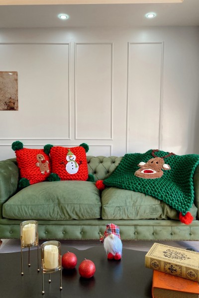El Örgüsü Yün Battaniye ve Kırlent Kılıfı Seti | Christmas