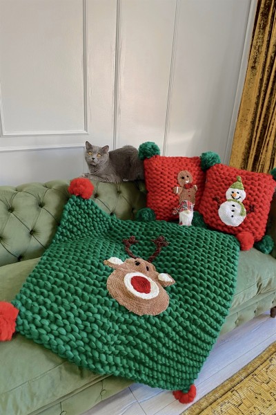 El Örgüsü Yün Battaniye ve Kırlent Kılıfı Seti | Christmas